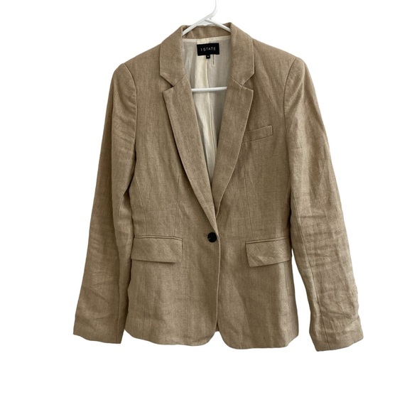 1.STATE Women's One Button 100% Linen Blazer Beige Size 6 Lined Long Sleeve - Picture 2 of 8